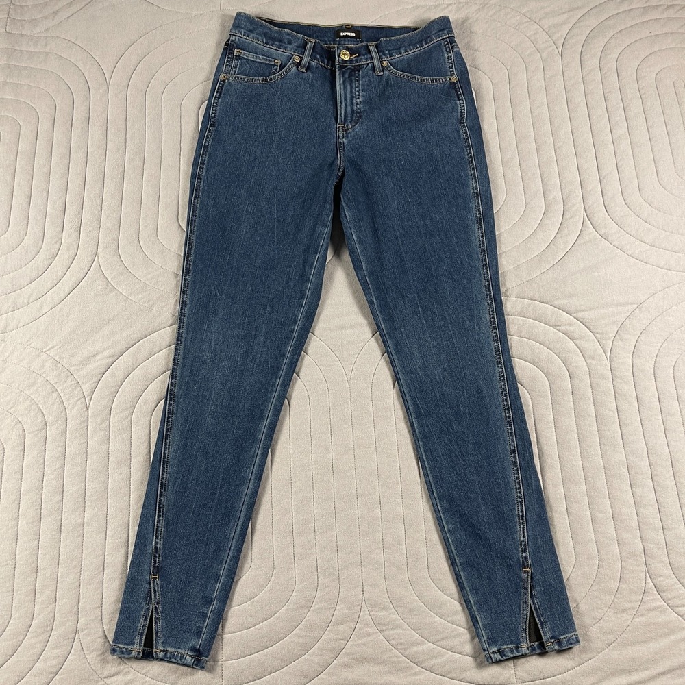 Express Skinny Mid Rise Jeans Womens 8R Blue Medium Wash Stretch Denim Slit Cuff